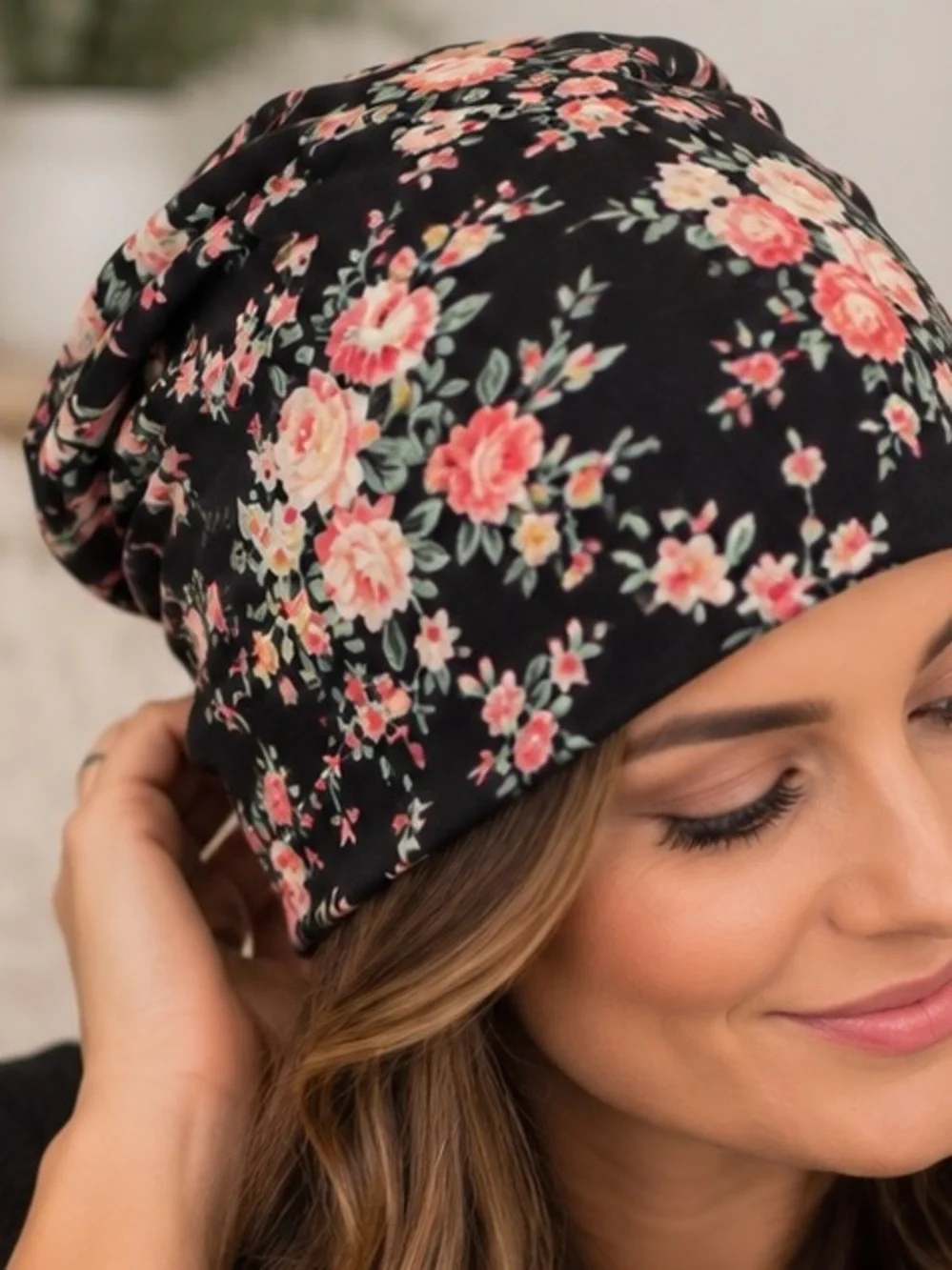 Floral Slouch Beanie - Black with Pink Floral Print